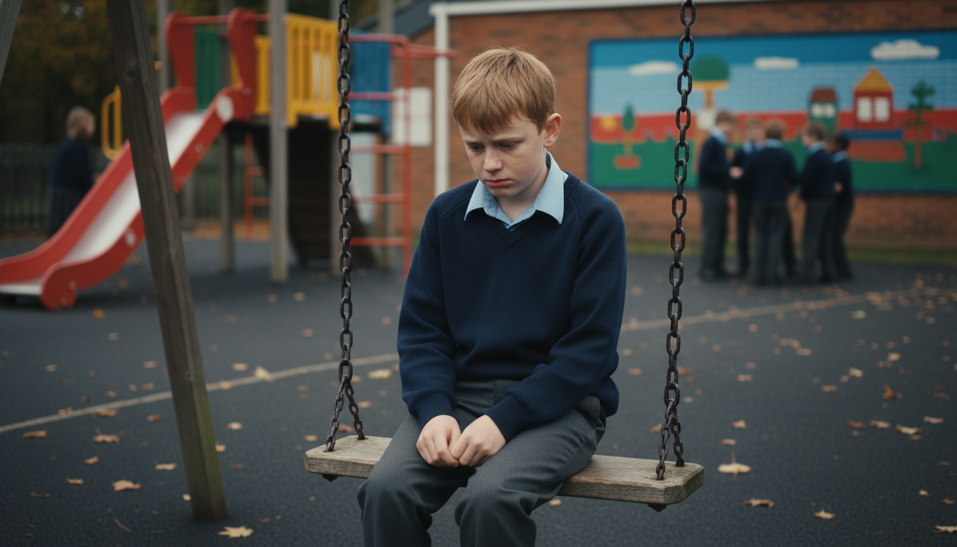 A sad teenager in a school playground